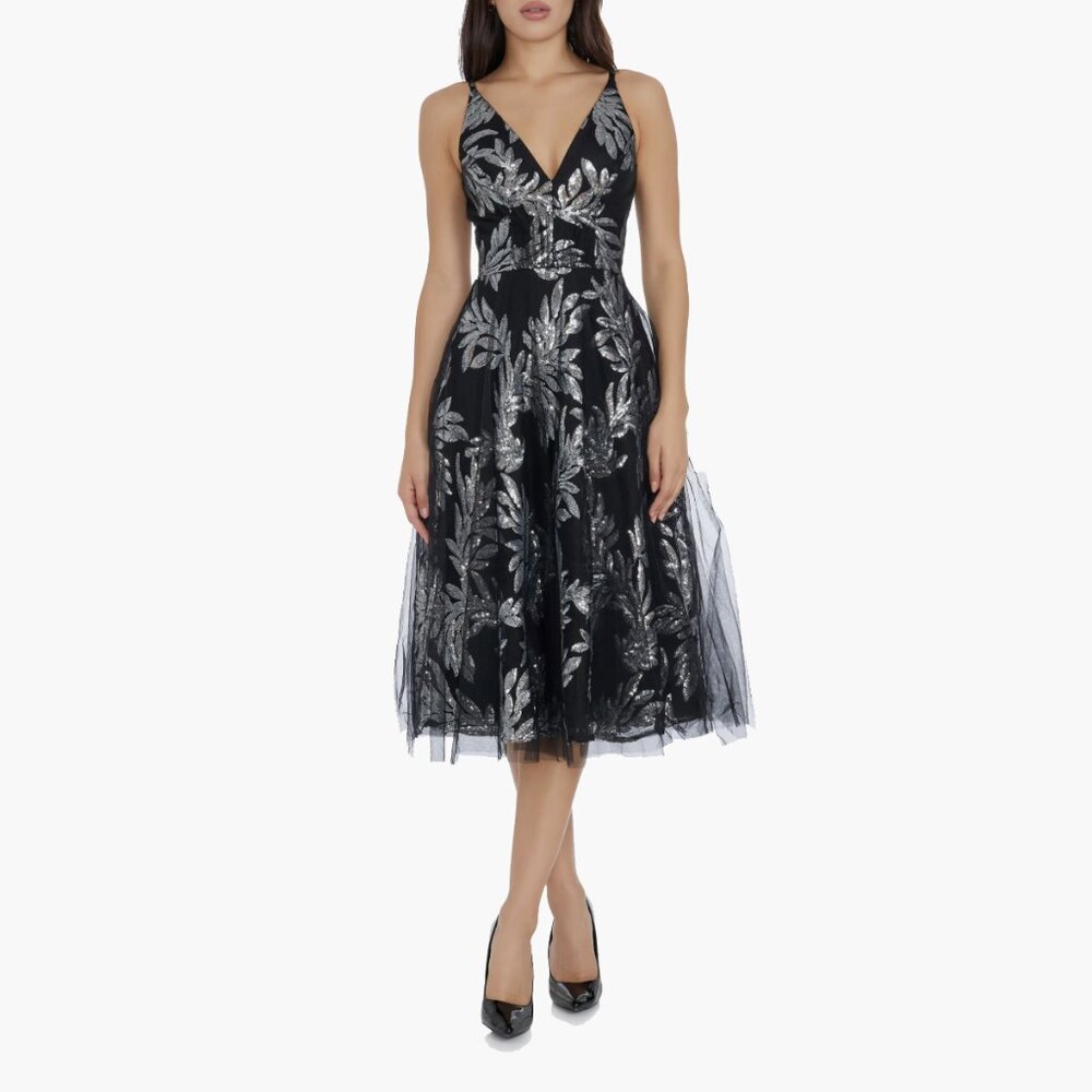 Dress the Population | New Courtney Sequin Lace Cocktail Dress, Black Silver NWT